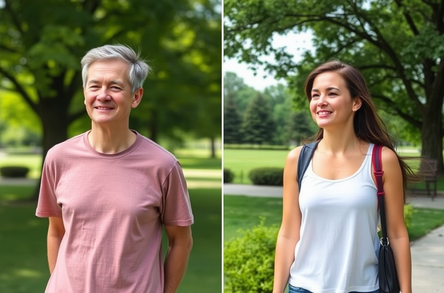 person walking calmly in green park looking relaxed and content