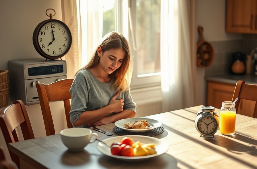 young woman holding her stomach at a messy kitchen table