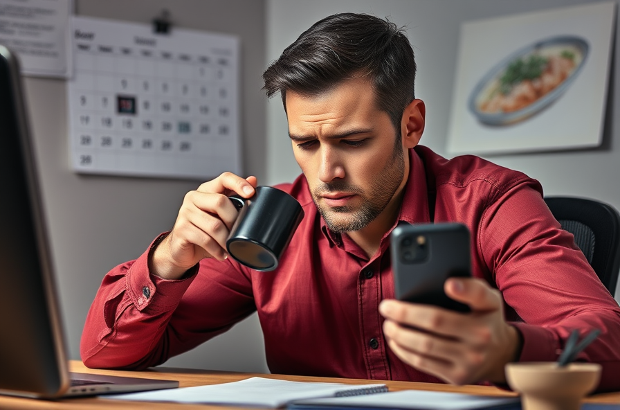 man at a desk drinking coffee looking hungry and tired