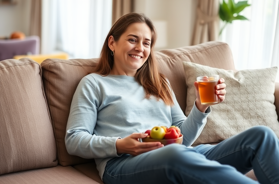 peaceful woman relaxing on sofa with fruit and tea smiling