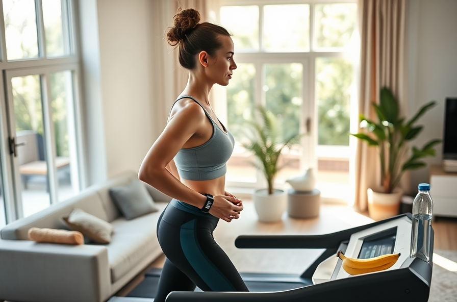 woman walks on treadmill in sunlit living room with fitness tracker