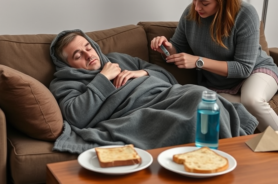 person resting on couch sipping water with partner nearby