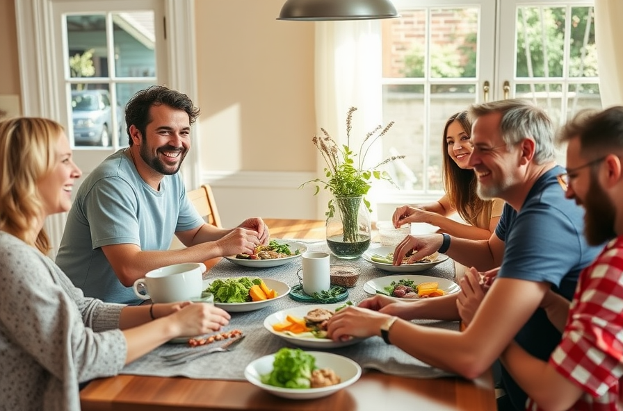 group sharing meal and washing hands in sunny kitchen