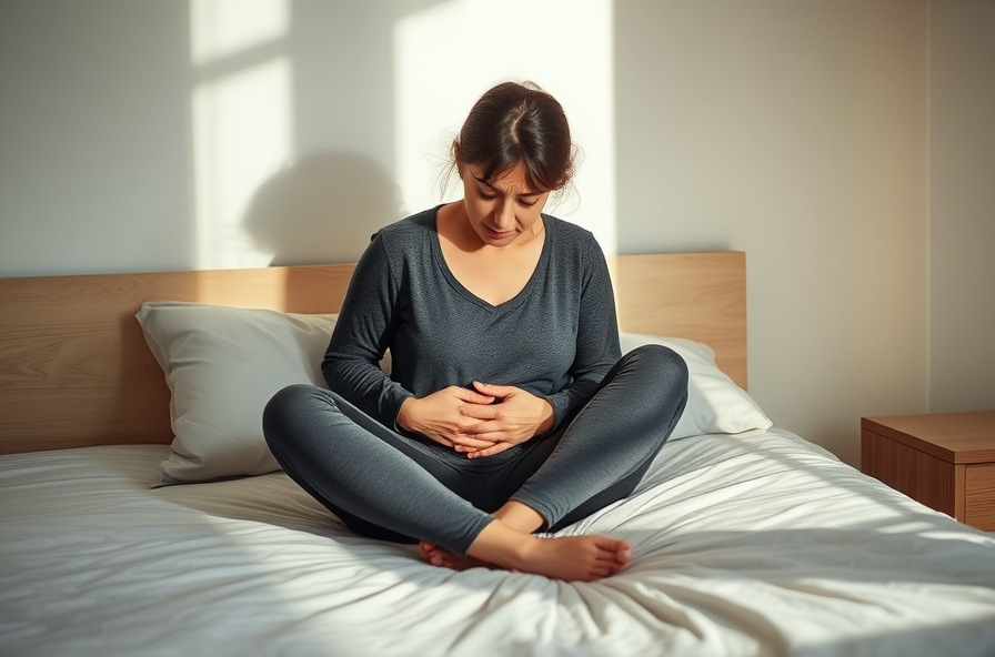tired woman sits on bed holding her stomach in pain