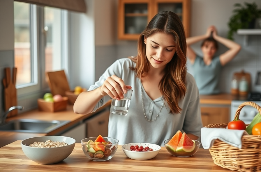 woman prepares healthy breakfast in sunlit kitchen