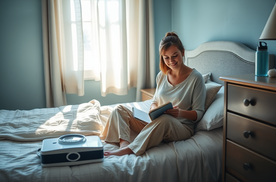woman sits on bed journaling relaxed with scale under dresser
