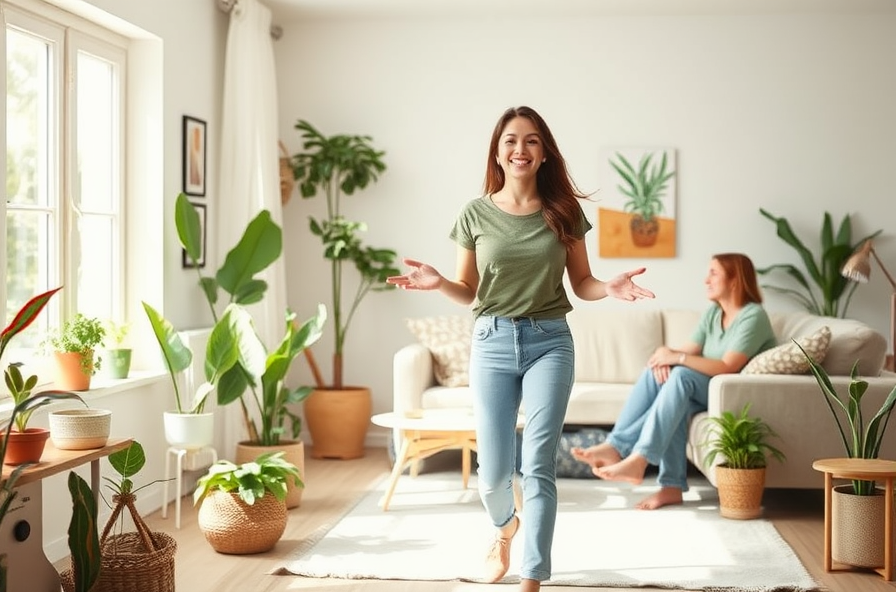 woman walks smiling and chatting in bright living room