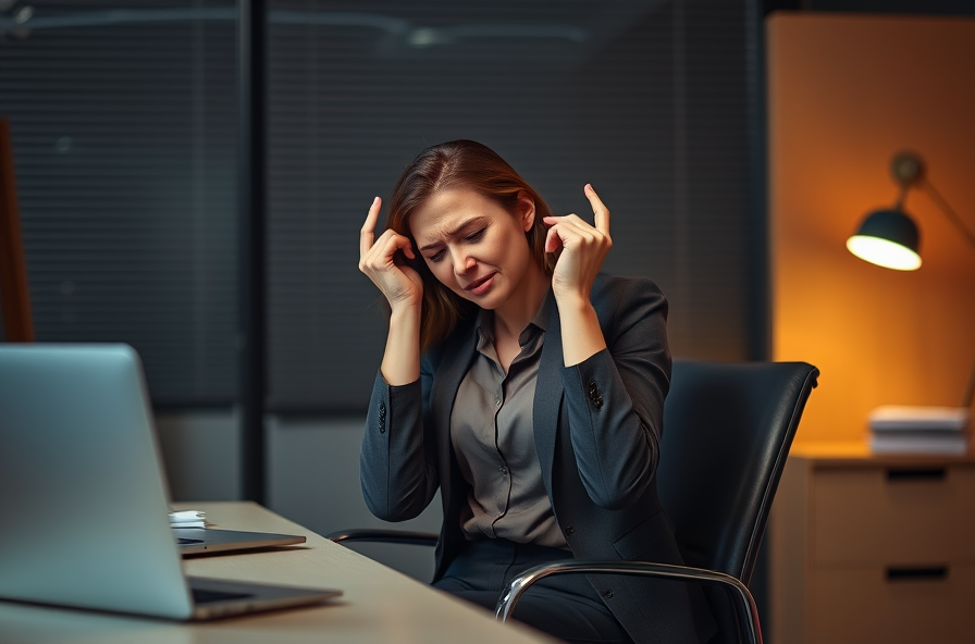 woman sits alone at desk wincing in discomfort