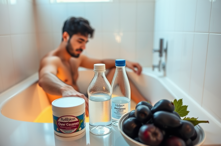 young man steps into warm bath with relief items nearby