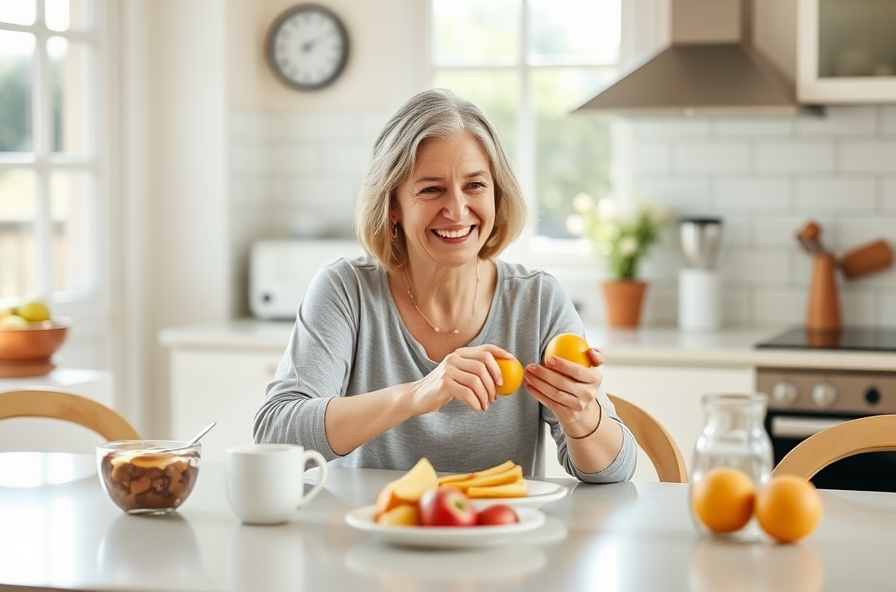 woman smiles at kitchen table adding fruit to breakfast