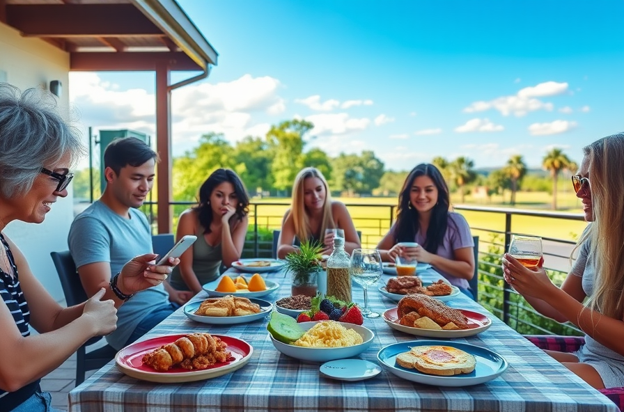 friends eating outdoors as one checks meal plan and another ties shoes