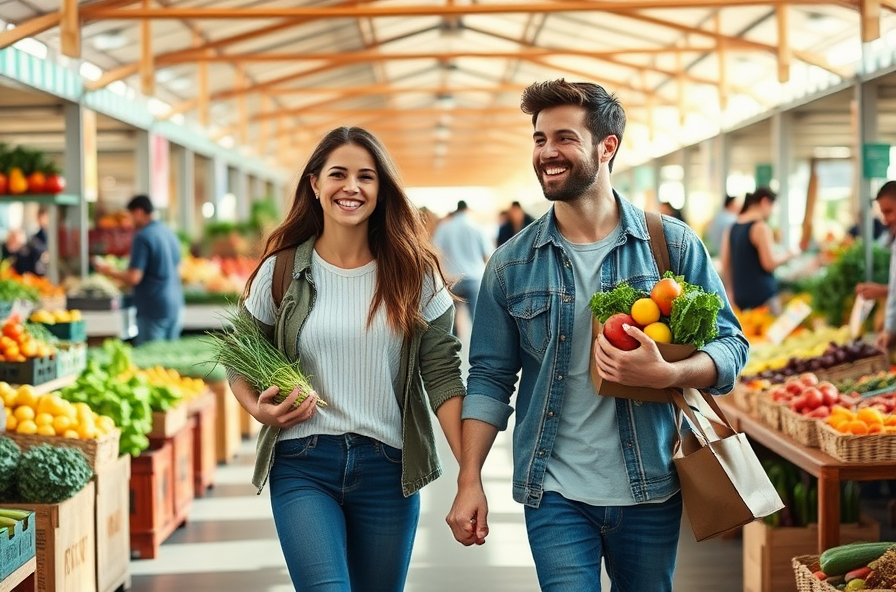 couple smiling carrying fresh produce at busy farmers market