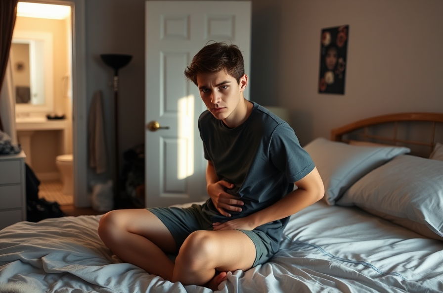tired person holding stomach in soft morning light