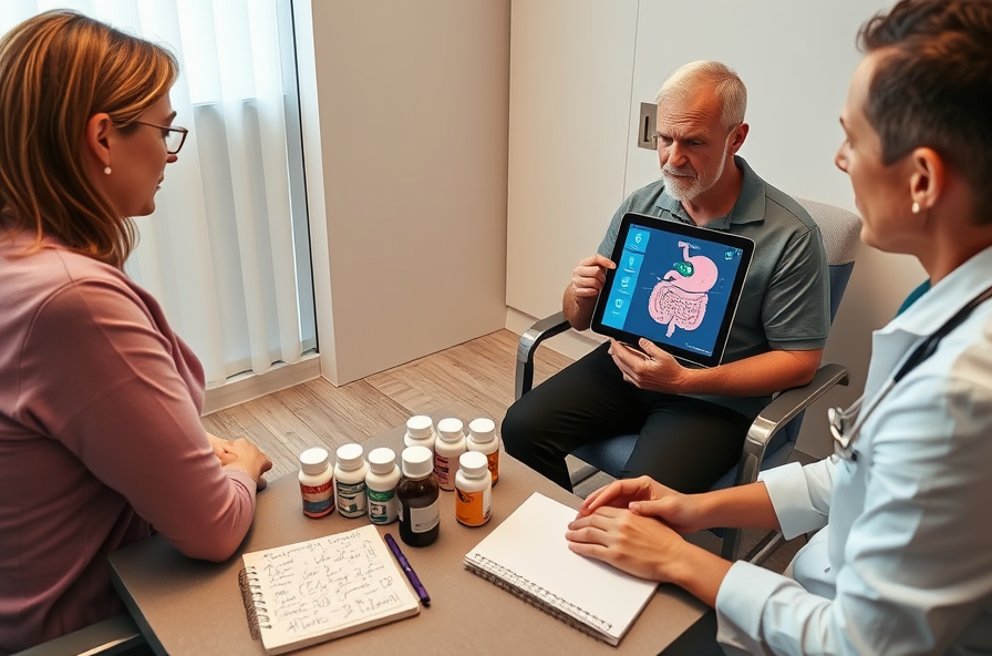 doctor showing digestive system to concerned patient