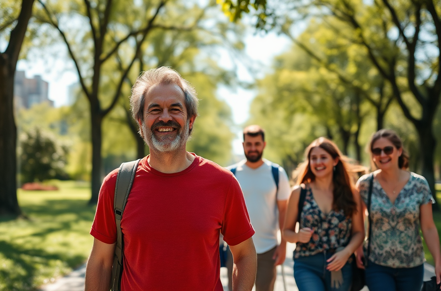 person smiling and walking with friends in sunny park