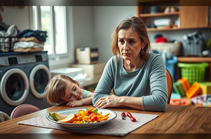 tired mom sits at kitchen table with child and kids food