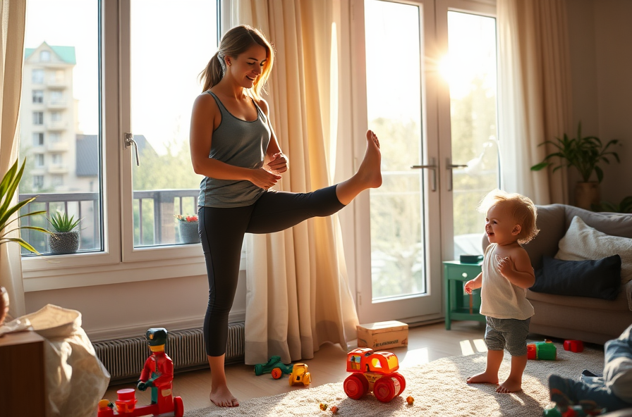 mom stretches by window in workout clothes child nearby