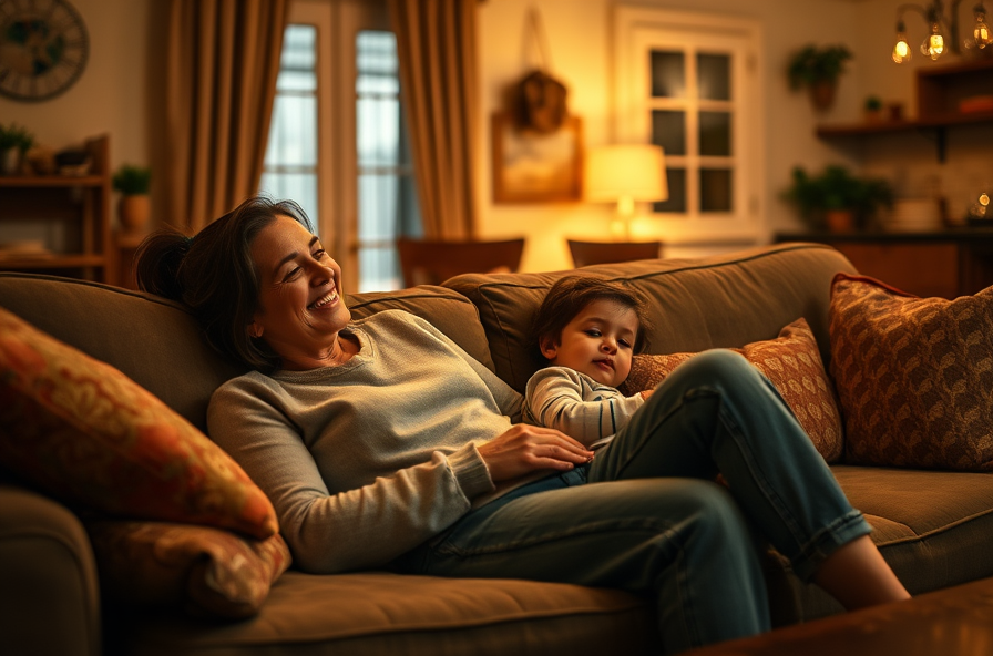 mom and child relax smiling on couch in peaceful living room