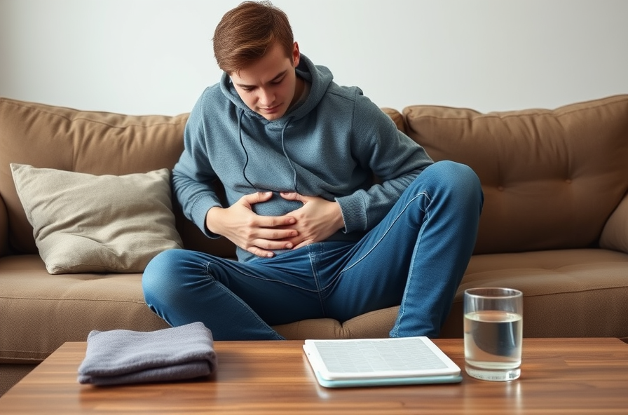 young adult in pain holding stomach on couch