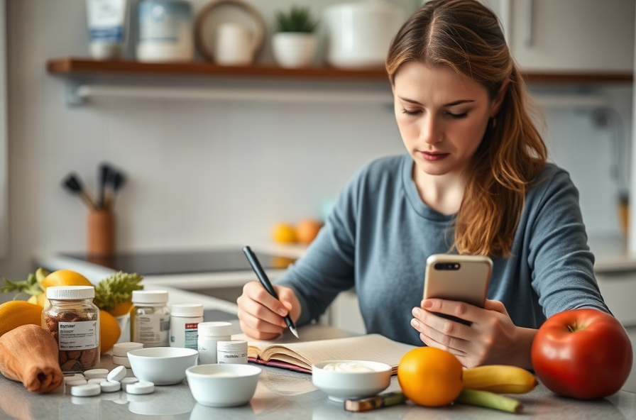 woman writing in diary with food and medications nearby
