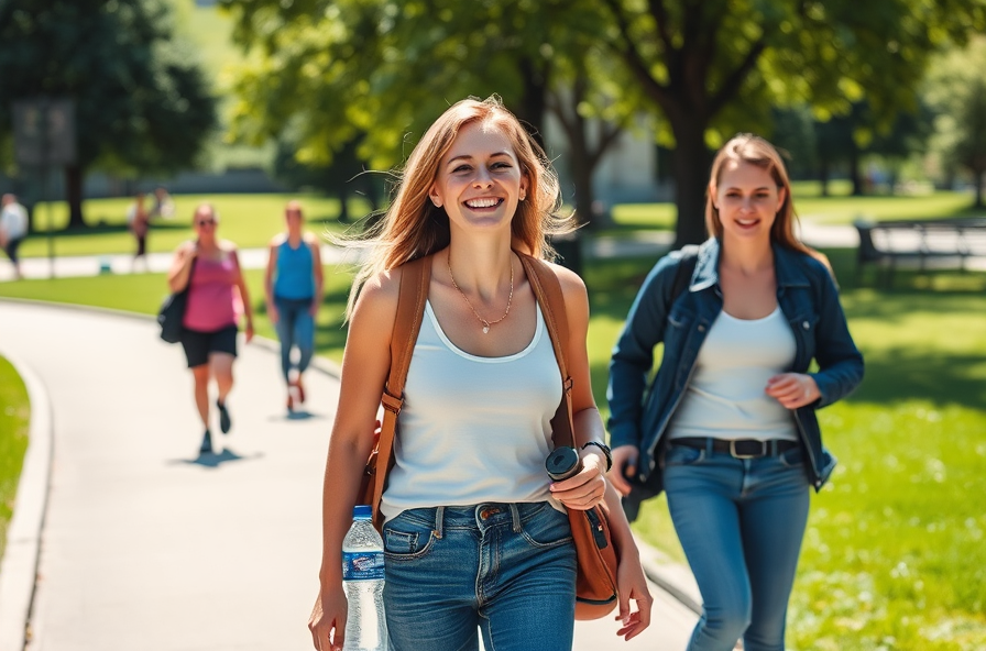 woman smiling walking with friends in sunny park