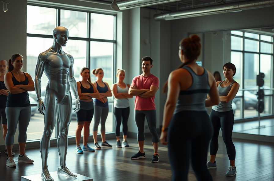 trainer shows muscle and fat mannequins in fitness studio
