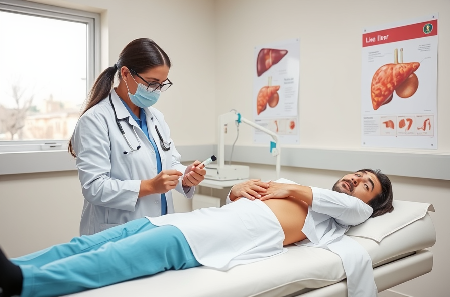 doctor examines patient abdomen in medical office