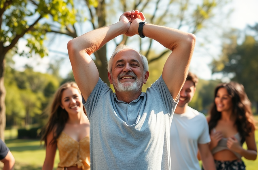 man smiling in park with friends on sunny day