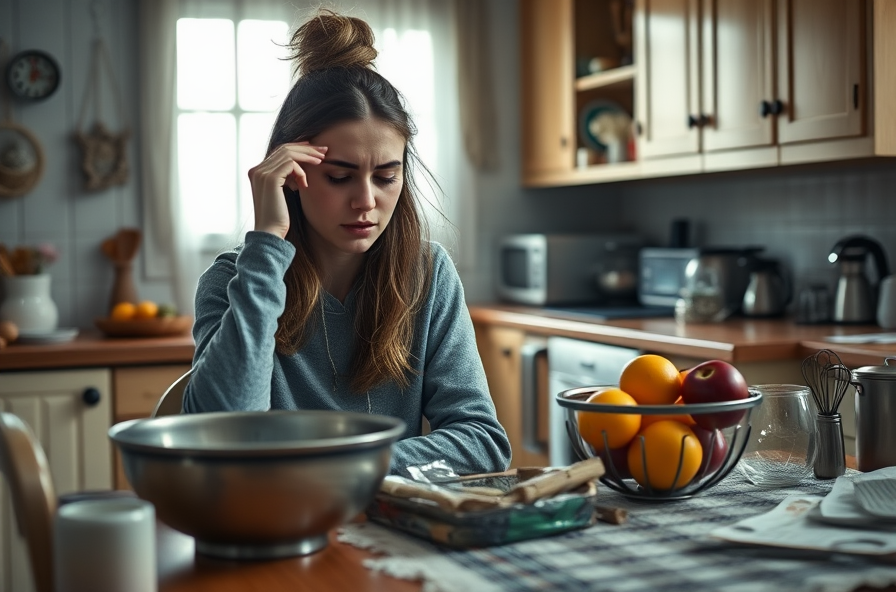 woman at cluttered table rubbing tired eyes in morning light