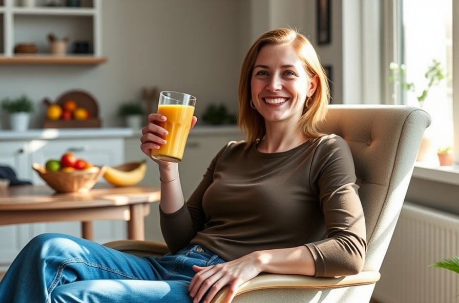 woman enjoying smoothie smiling in bright tidy home office