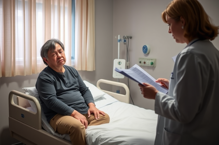 tired person with yellow skin sits on hospital bed with doctor