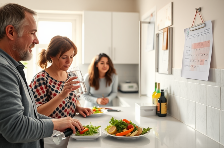 person prepares vegetables in kitchen watched by family members