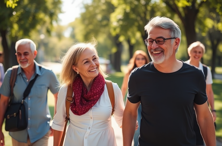 healthy person walks smiling in park with friends on sunny day