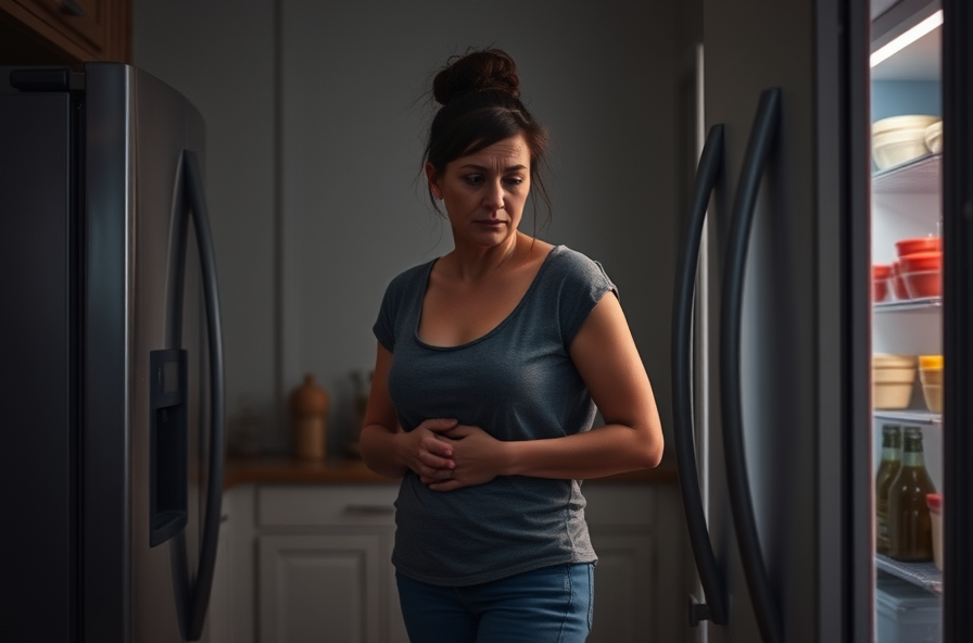 tired woman in dim kitchen holding her stomach by fridge