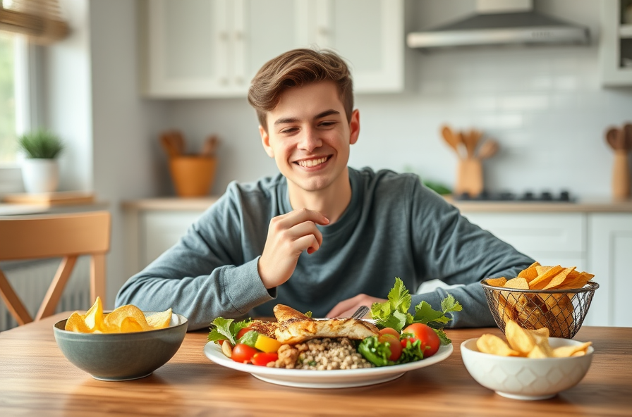 young adult eating healthy meal with plate of vegetables