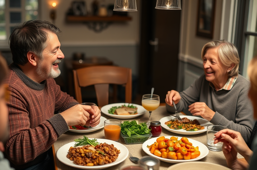 man smiling at dinner with loved ones and healthy food