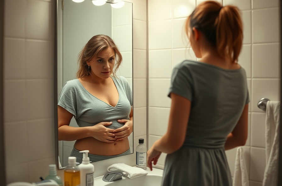 tired woman hunched at bathroom mirror tugging her waist