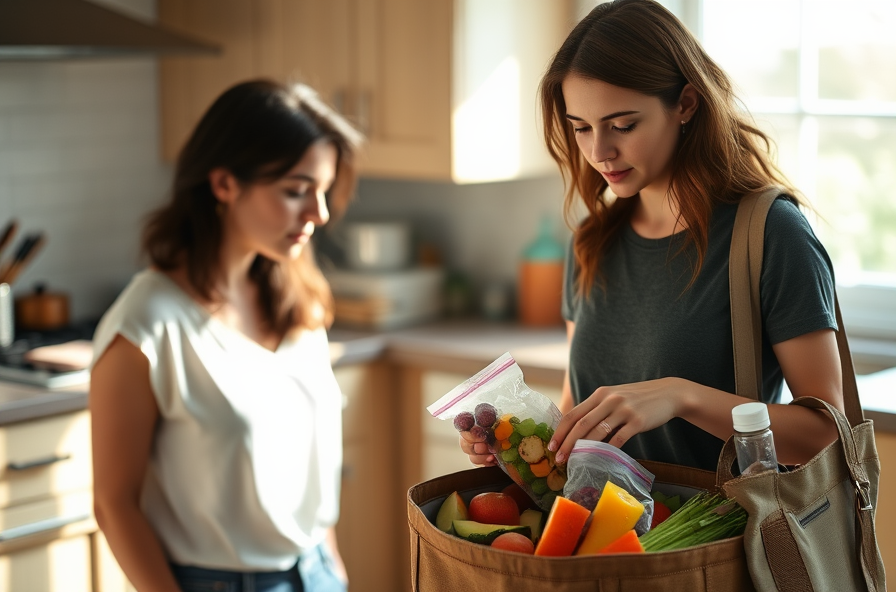 focused woman packs fruit and vegetables in a sunlit kitchen