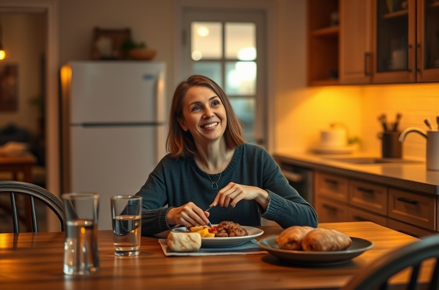 relaxed woman smiles at kitchen table with healthy meal