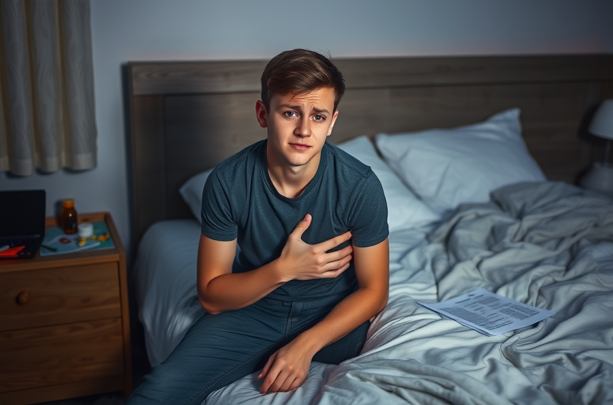 young adult holding side sitting on messy bed at dusk