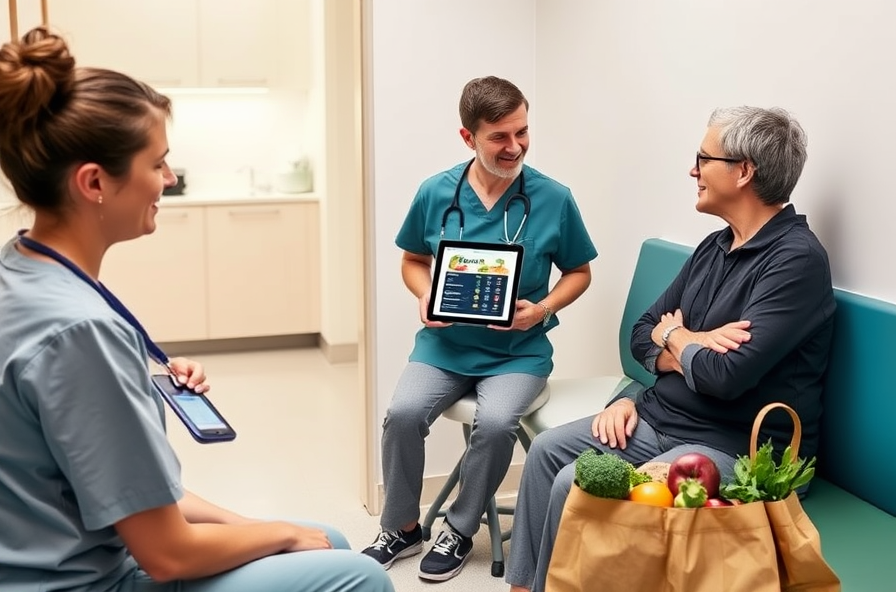 healthcare worker shows tablet to patient with vegetables