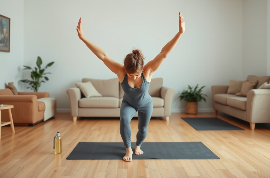 individual stretches on floor with water bottle and mat