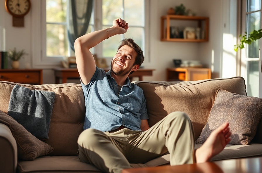 person sits relaxed on couch stretching arm in daylight