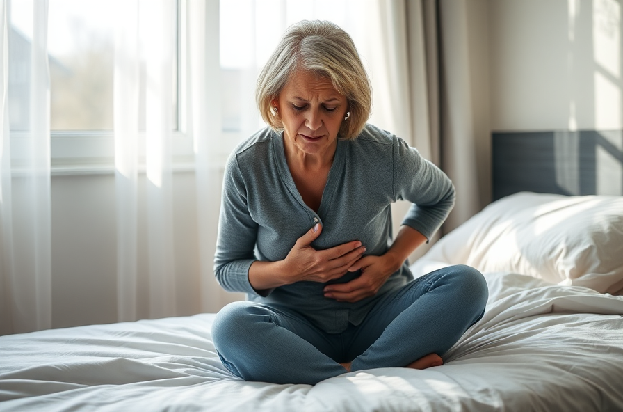 woman holding side in pain on edge of bed in daylight