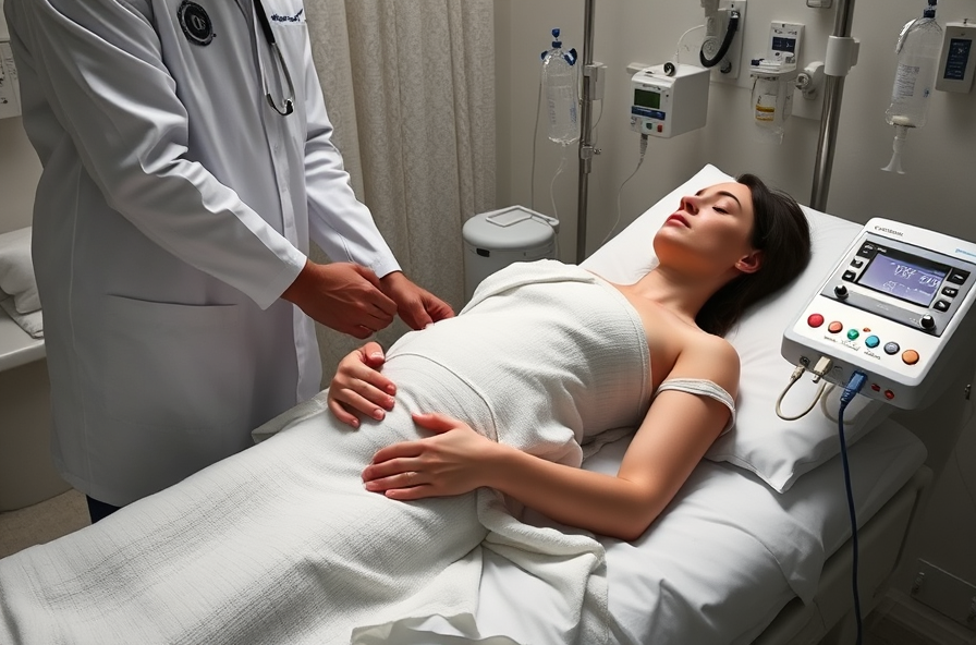 doctor pressing abdomen while nurse prepares iv nearby
