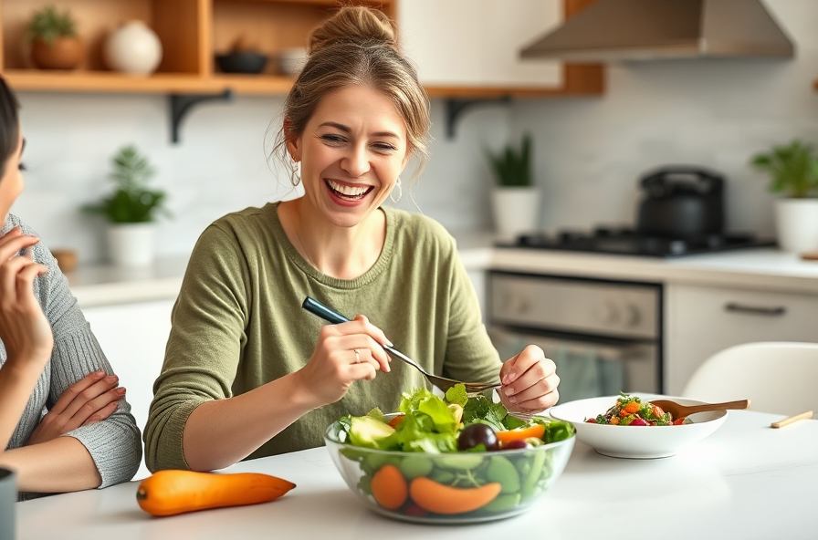 woman smiling at kitchen table with salad and friends