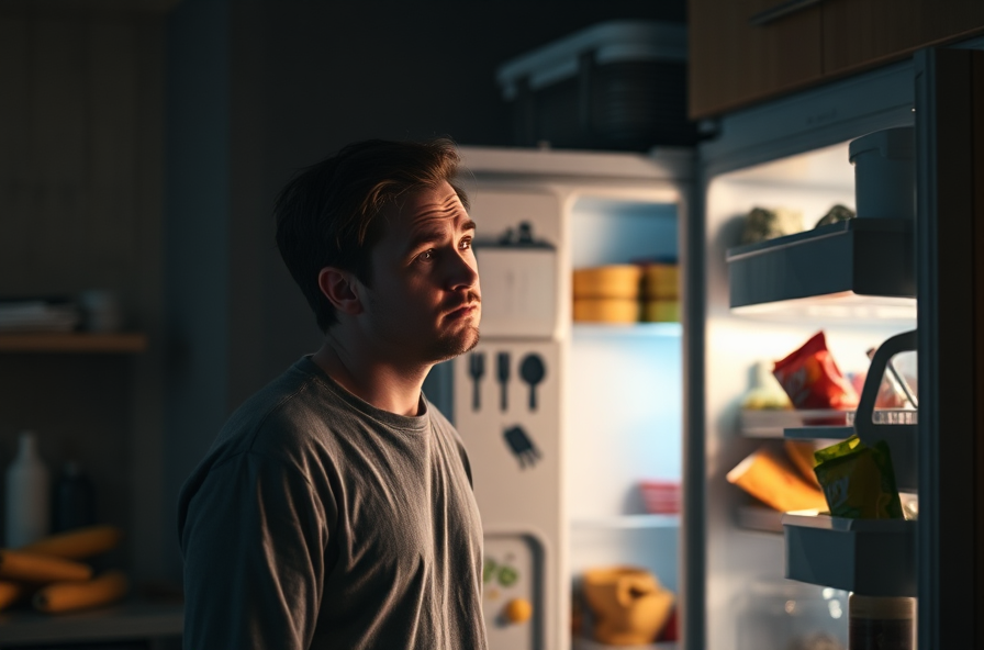 tired adult in kitchen staring at open fridge at night