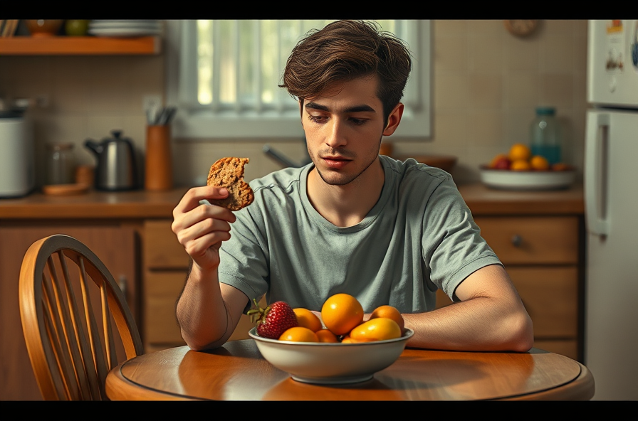 person holding cookie looking at fruit reflecting at table
