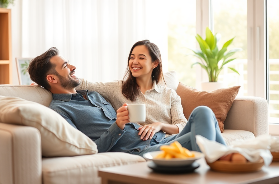relaxed person on sofa with tea near healthy snack