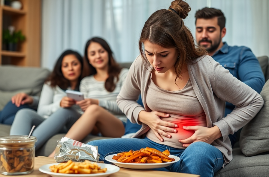woman clutching right side in pain on living room sofa